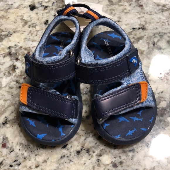 NWT- Baby Size 4 Velcro Sandals - Blue with some orange and small blue sharks. - Picture 1 of 4